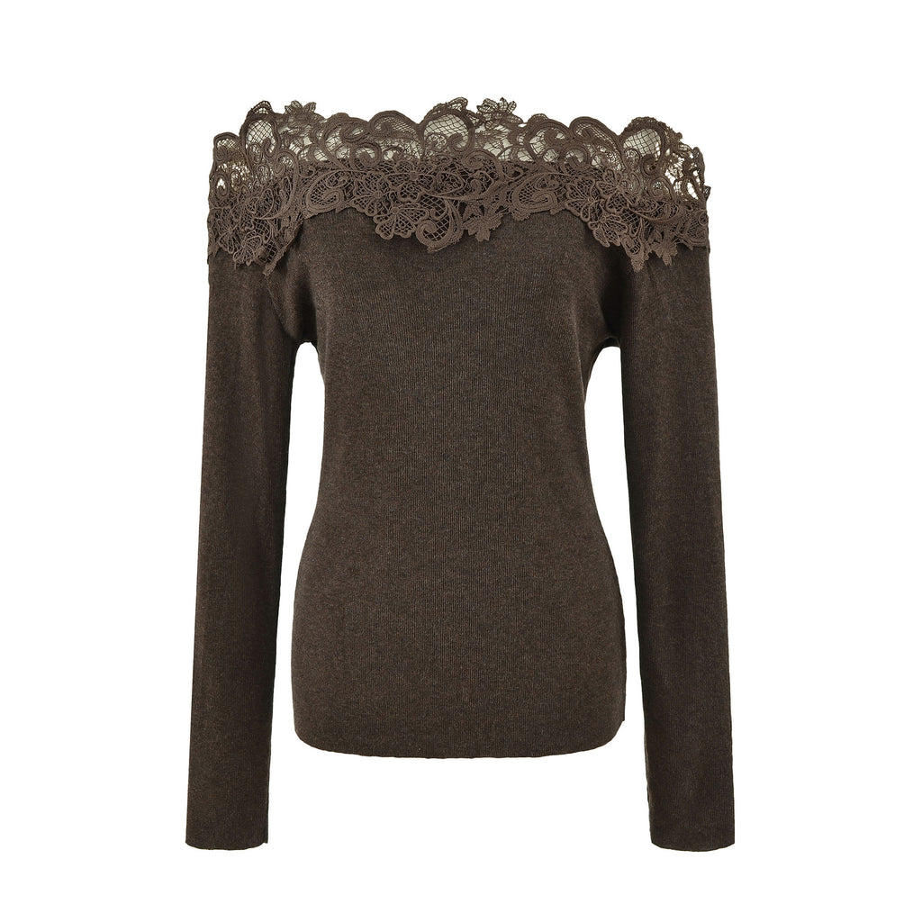 Women's Off-shoulder Lace Patchwork Wool Blend Knit Top