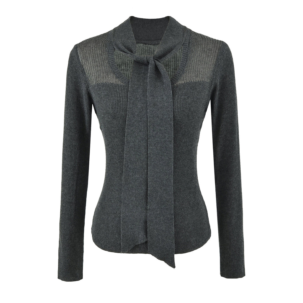 Women's Tie-Neck Semi-Sheer Slim Fit Wool Blend Knit Top Long Sleeve Layering Sweater