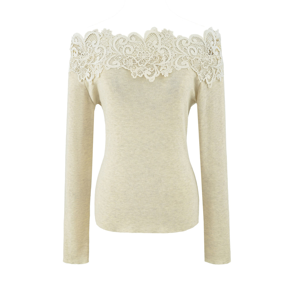 Women's Off-shoulder Lace Patchwork Wool Blend Knit Top