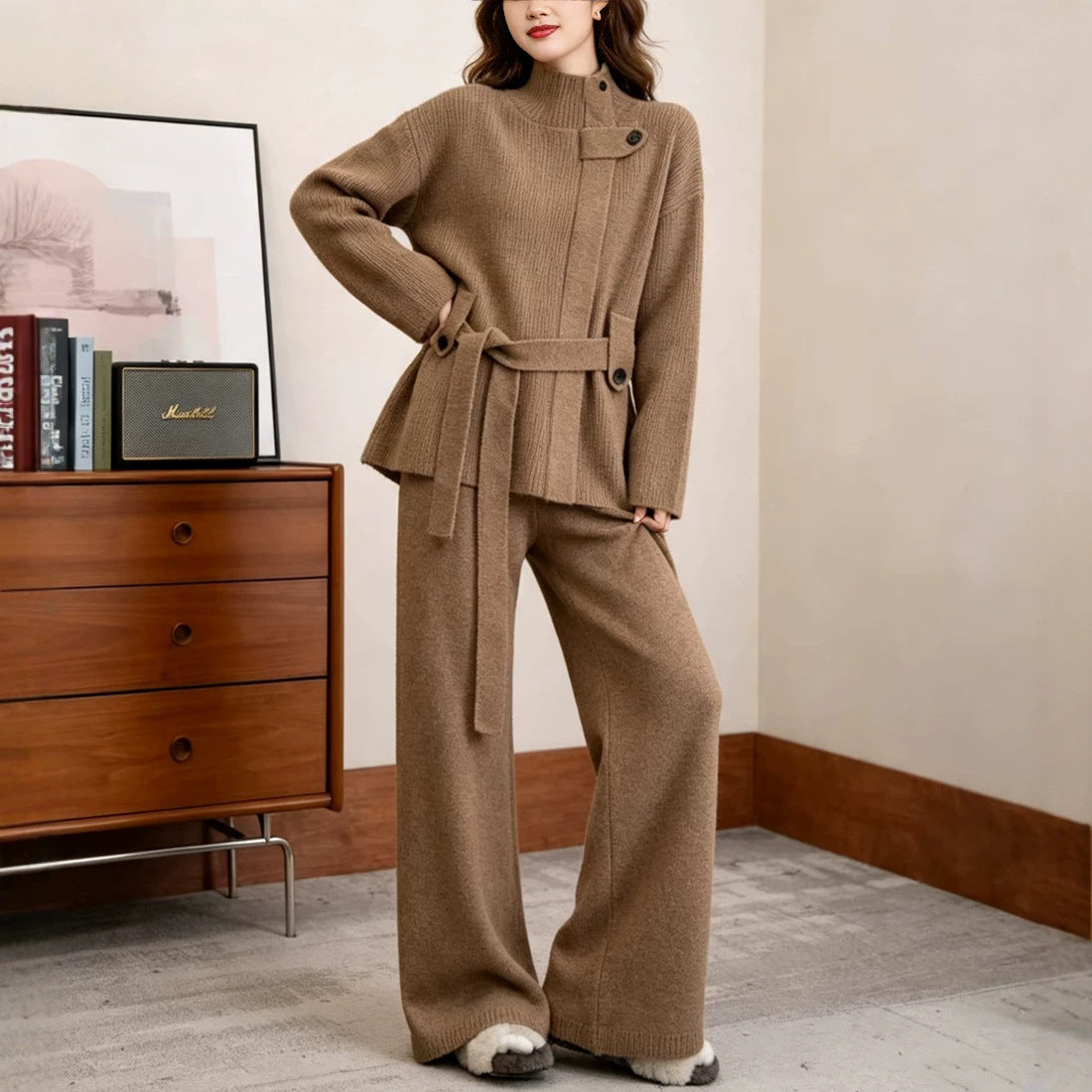 Stand up collar belt wide leg pants set