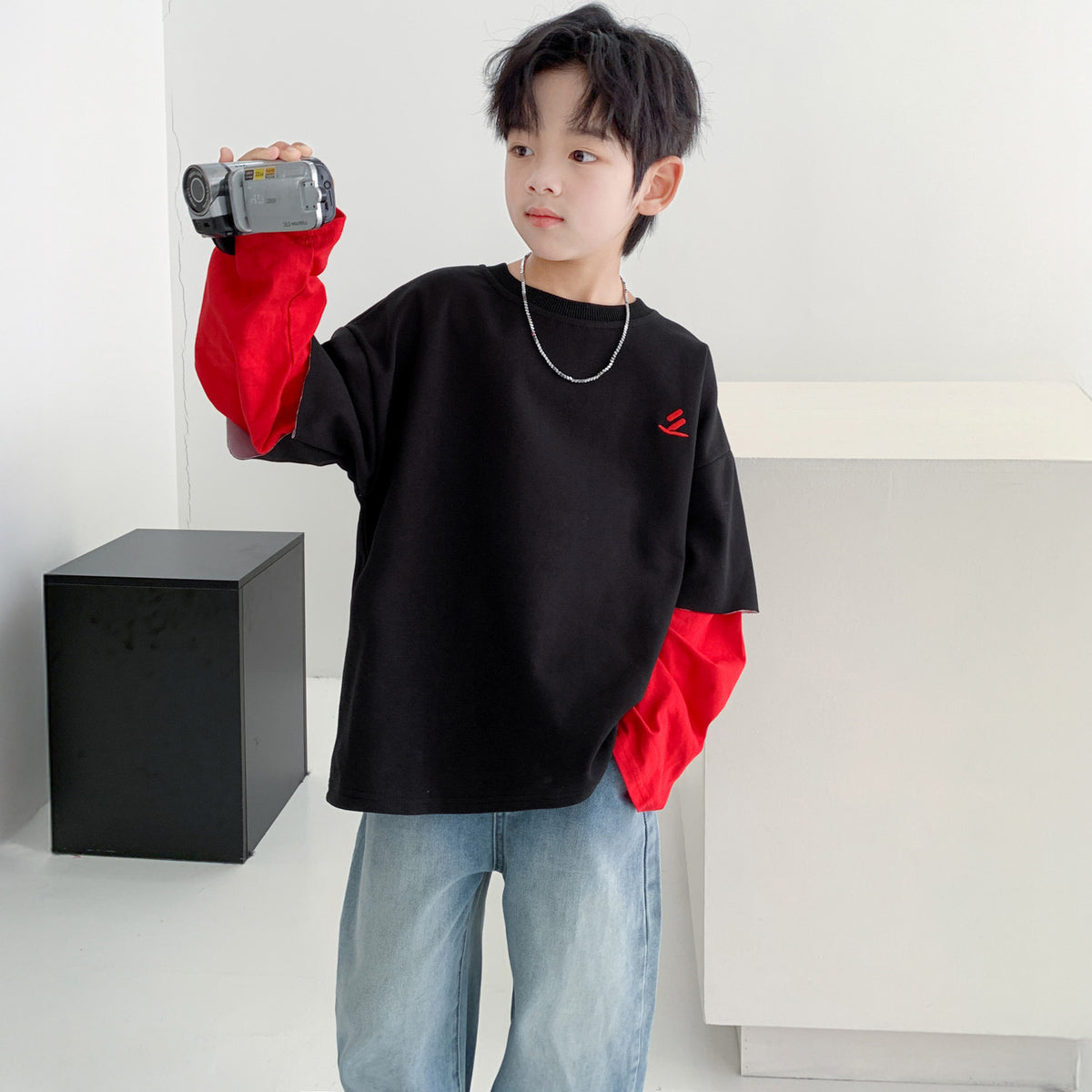 Boys' Casual Long Sleeve Faux Layered Sweatshirt T-Shirt for Big Kids Autumn Winter