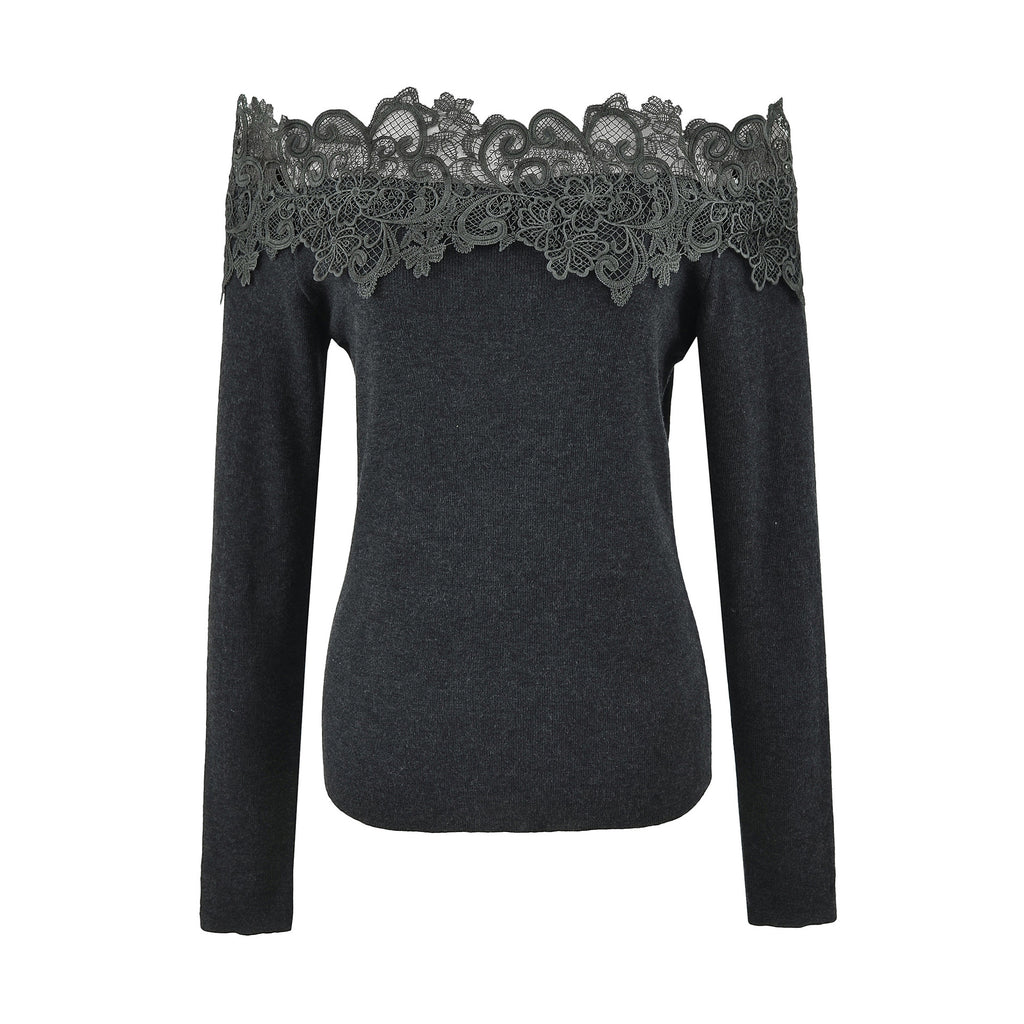 Women's Off-shoulder Lace Patchwork Wool Blend Knit Top